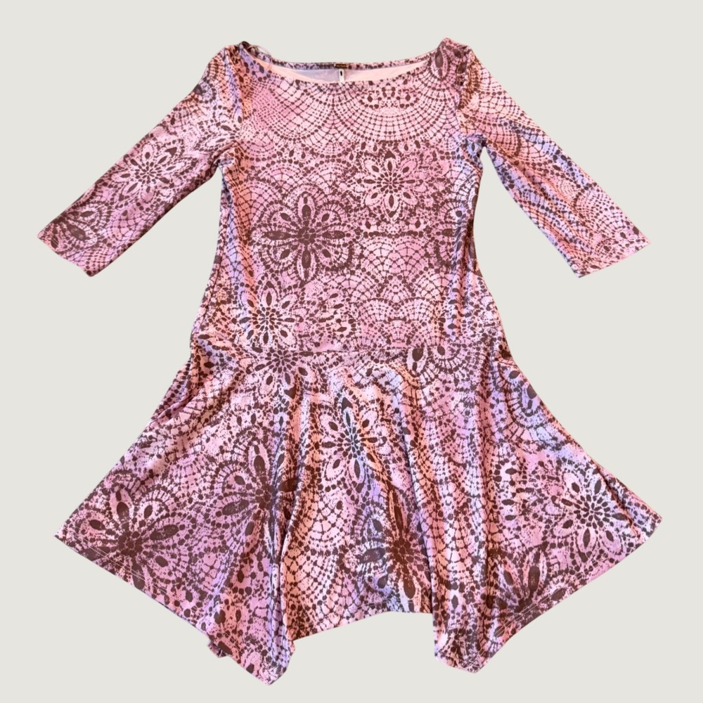Free People Tunic Dress Small Boho Lace Print Handkerchief Hem Pink 3/4 Sleeve
